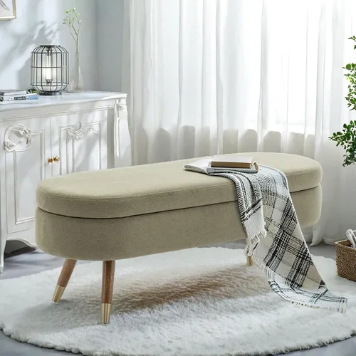 Vista 11 de IAFIKE Banco de almacenamiento ovalado de 43.5" Banco otomano tapizado de tela bouclé Banco reposapiés con patas de metal dorado, extremo de cama