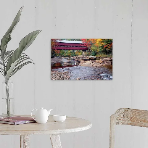 Vista 4 de GREATBIGCANVAS Lienzo decorativo de otoño con puente cubierto de Nueva Inglaterra, arte de decoración del hogar, fotografía de paisaje para oficina