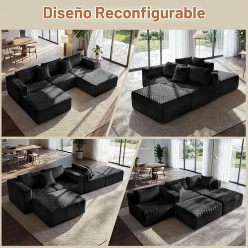 Vista 4 de Sofá modular sin hueso de 110 pulgadas con 2 otomanas, sofá en forma de U para sala de estar, sofá de piso de pana de asiento profundo, no requiere
