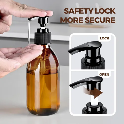 Vista 3 de Botella con bomba de vidrio ámbar de 8 onzas, dispensador de jabón vacío pequeño para aceite Refillable Dark Lotion Dispensers, Include Storage