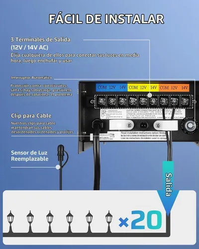 Vista 5 de DEWENWILS Transformador de bajo voltaje de 200 W con 3 salidas de control independientes, transformador de paisaje con temporizador y sensor