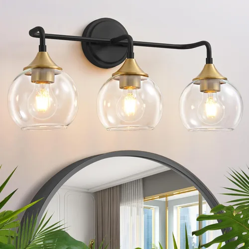 Vista 10 de Lámpara de Tocador de Baño Dorada con Pantalla de Vidrio Transparente, Base E26, Luminarias de Baño de 2 Luces Sobre Espejo, Luces de Tocador de 14