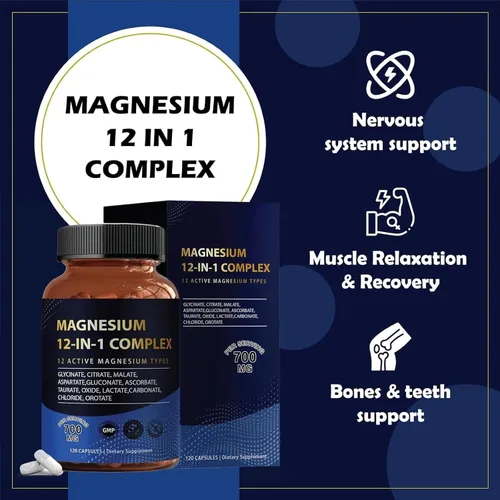 Vista 2 de Puravita Complejo de magnesio 700 mg 12 en 1 Suplemento de magnesio con glicinato, citrato, malato y más Fácil absorción, apoyo energético, vegano