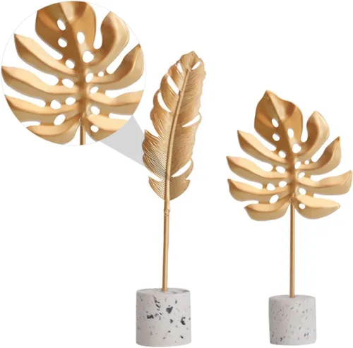Vista 3 de ARTIBETTER Escultura de mesa artificial de hojas rústicas sin Monstera, adornos dorados, gabinete de oficina, estatua hawaiana, escritorio