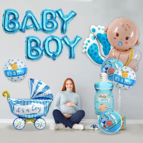 Vista 6 de 10 piezas de globos azules para bebé niño, decoraciones para baby shower, letra de Mylar de aluminio "It's A Boy" para bienvenida a casa, fiesta