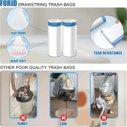 Vista 4 de FORID Mini Bolsas de Basura con Cordón - Bolsas de Basura Pequeñas de 2 Galones para Baño, Bolsas de Basura de Plástico Blanco, Forros para Bote