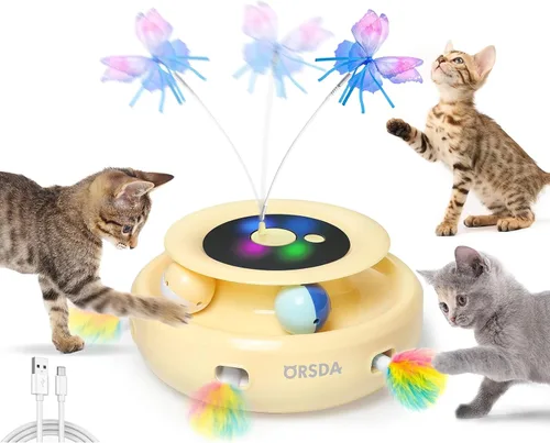 Vista 7 de ORSDA Juguete para gatos, juguete interactivo electrónico automático 3 en 1 con plumas de emboscada en movimiento, mariposa revoloteante, bolas