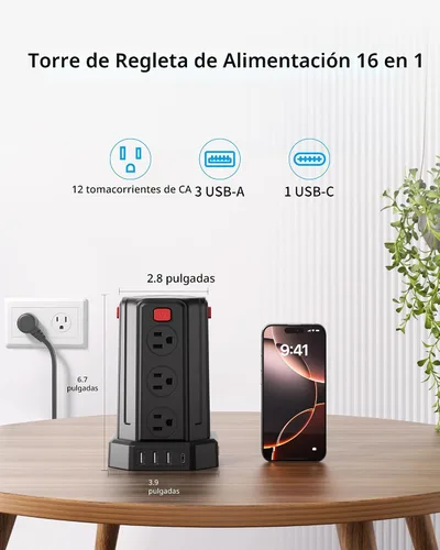 Vista 2 de Tira de alimentación con protector de sobretensiones, cable de extensión de 6.5 pies con 12 tomas múltiples de CA, 4 USB (1 USB C), estación de Negro