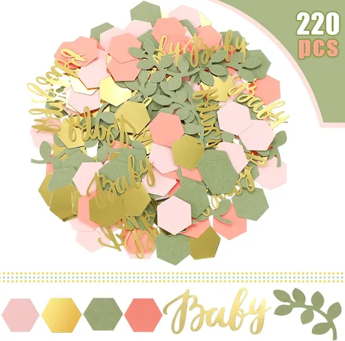 Vista 2 de 220 piezas de decoración de mesa de confeti para baby shower con eucalipto verde salvia dorado papel neutro de confeti disperso forma hexagonal