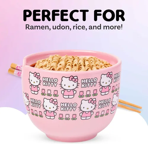 Vista 4 de Silver Buffalo Sanrio Hello Kitty Flowers, cuenco de ramen con palillos Patrón de flores de Hello Kitty