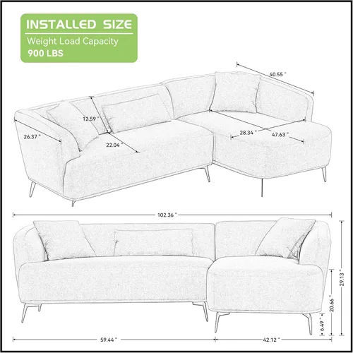 Vista 2 de KEVINSPACE Sofá tapizado moderno de 102.36 pulgadas, sofá tapizado en forma de L, sofás de 4 asientos de mediados de siglo con diván, 3 almohadas