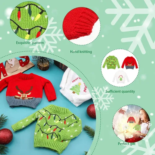 Vista 5 de Aoriher 3 piezas de ropa de muñeca de Navidad, accesorios de Navidad, conjunto de suéter pequeño, ropa de punto, alce, Navidad, árbol de Papá Noel