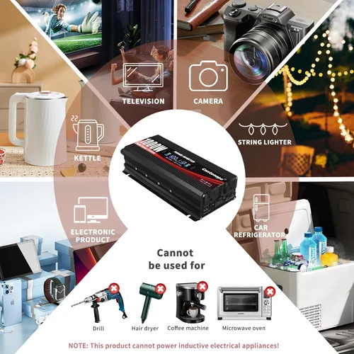 Vista 6 de Cantonape 1000W/2000W (Peak) - Inversor de corriente de auto DC 12 V a 110 V AC convertidor con pantalla LCD enchufe AC Dual y cargador USB dual