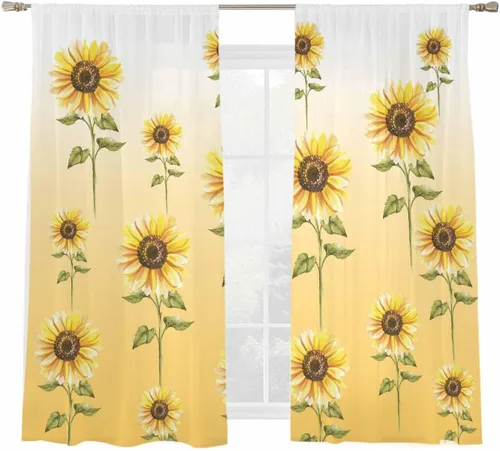 Vista 2 de Juego de 2 paneles de cortinas de girasol de 63 pulgadas de largo, cortinas traslúcidas amarillas con bolsillo para barra, cortinas de cocina