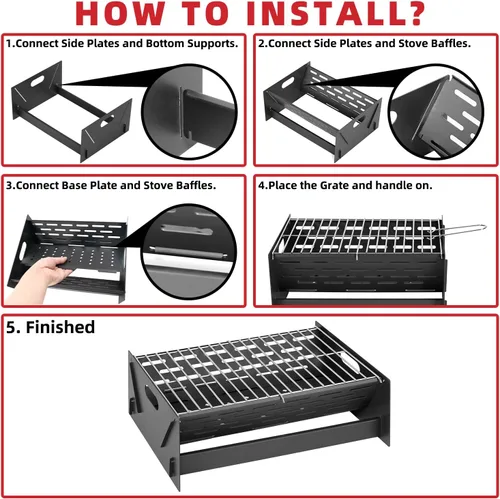 Vista 8 de Parrilla de carbón portátil plegable de 12" para acampar Negro