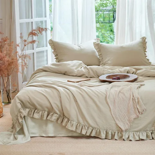 Vista 13 de Simple&Opulence Juego de funda de edredón de algodón de lino con volantes, 3 piezas, ropa de cama con textura suave con bordes decorativos
