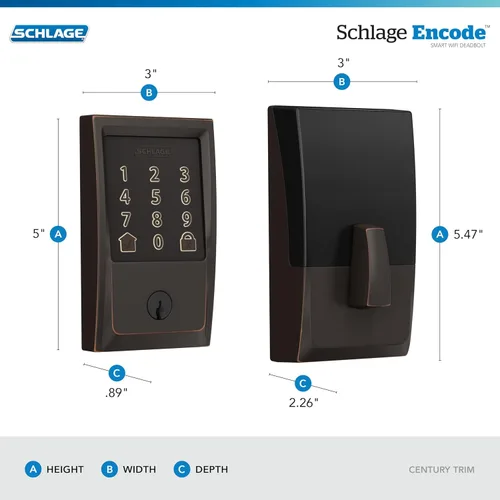 Vista 3 de SCHLAGE 5019832 Cerradura DEADBOLT WiFi ENC CEN AGD BRZ Bronce Envejecido