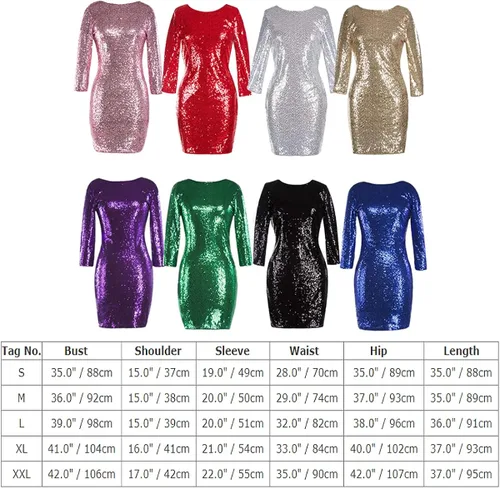 Vista 7 de Vestido de fiesta para mujer, manga 34, cuello en V, lentejuelas brillantes, glamuroso, flapper, cóctel, purpurina, para boda, noche, club