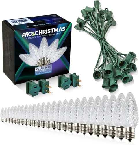 Vista 57 de Pro Christmas - Kit de luces C9 para exteriores, blanco cálido, cable verde, 50 bombillas, 50 pies