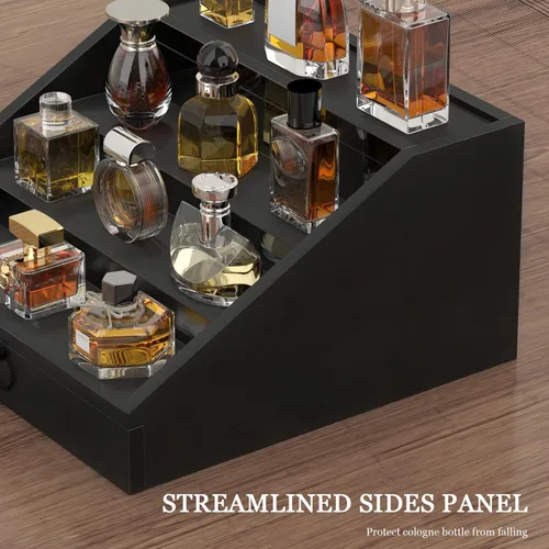 Vista 4 de upcessory Organizador de colonia de madera para hombres, estante mejorado de colonia de 4 niveles, organizador de perfumes con cajón forrado