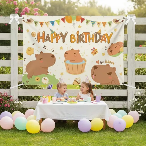 Vista 3 de Capybara - Telón de fondo de cumpleaños de 6 x 3.6 pies – Cartel grande de poliéster divertido para decoración de fiesta con ojales de metal y cinta