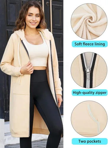 Vista 6 de Ablanczoom Sudaderas largas con cremallera para mujer, cómodas sudaderas de forro polar a la moda, chaquetas casuales con bolsillos Albaricoque