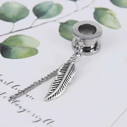 Vista 2 de ZS Vintage Moon Dangle Ear Tunnels Plug Stainless Steel Screw Ear Gauge Feather Chain Ear Expander Flesh Tunnels Piercing