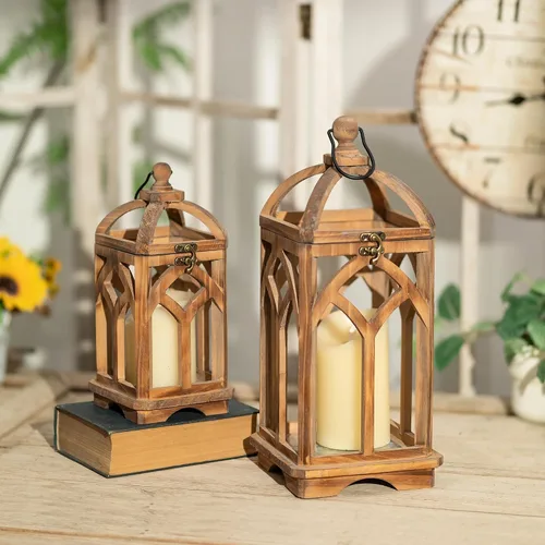 Vista 6 de Faroles de casa de campo decorativos para interior: 11 y 15 pulgadas, juego de 2 candelabros de madera marrón para centro de mesa, chimenea, manto