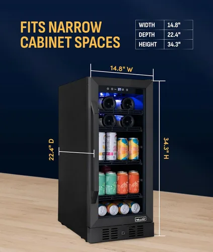 Vista 4 de NewAir Refrigerador de bebidas y vino de zona única de 15 pulgadas, refrigerador de bebidas y vino para 33 botellas/80 latas, mini refrigerador