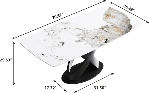 Vista 2 de Mesa de comedor moderna, mesa de piedra sinterizada blanca antigua con base de acero al carbono sólido en forma de X negra, mesa de comedor Blanco