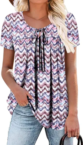 Vista 24 de BETTE BOUTIK Blusas de verano para mujer, plisadas, de manga corta, con cordón, cuello redondo, tallas S-3XL