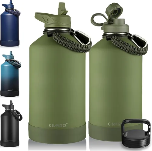 Vista 13 de CIVAGO Botella de agua aislada de 22 onzas con pajita, frasco de agua deportiva de acero inoxidable con 3 tapas