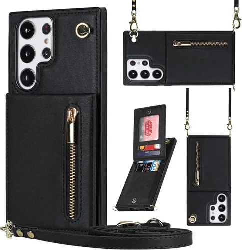Vista 13 de Funda para teléfono Samsung Galaxy S9 con correa cruzada, tarjetero de cuero, con cordón, ranuras de crédito, cierre magnético, accesorios para Negro