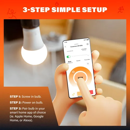 Vista 4 de Caveman Matter & WiFi - Bombilla LED inteligente A19, cambio de color RGBW, blanco cálido y frío sintonizable, 800 lm (equivalente a 60 W) - Alexa