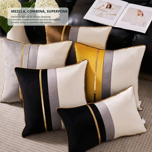 Vista 4 de Avigers - Funda de cojín decorativa de terciopelo, 20 x 20 pulgadas, diseño de rayas, cuero negro con blanco y dorado. Funda de cojín moderna