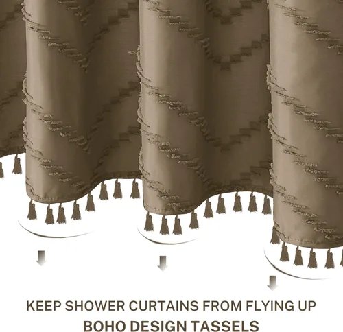 Vista 128 de Cortina de ducha Siiluminisoy de 36x72 beige, cortina de ducha de tela de tamaño pequeño, cortinas de ducha de tela con tufting, diseño chevron a