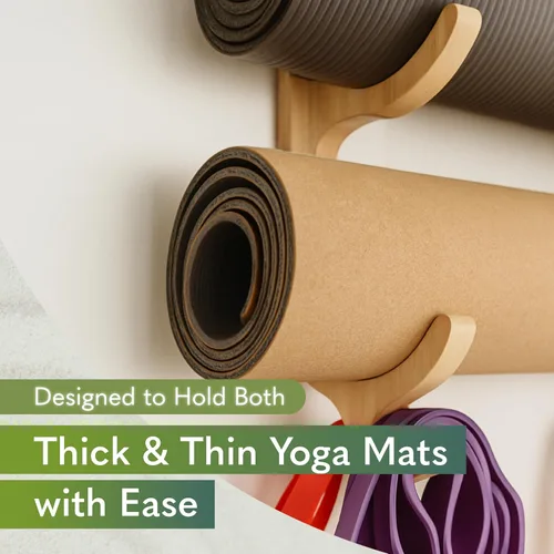 Vista 3 de Tapeera Soporte de pared para esterilla de yoga de madera, estante de almacenamiento para esterilla de yoga, almacenamiento y organizador de equipos