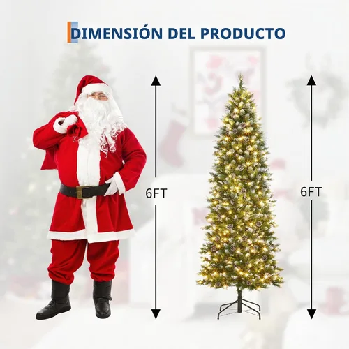 Vista 2 de Árbol de Navidad artificial flocado de nieve de 6 pies, árbol de Navidad delgado sin luz con piñas, puntas de ramas de PVC, soporte de metal