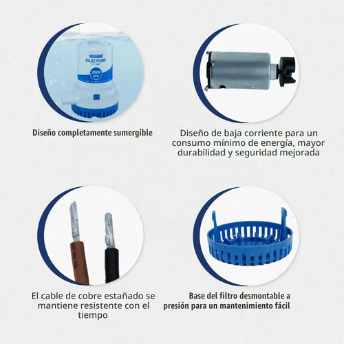Vista 2 de WASSERMANN Bomba de sentina de 2000 GPH de 12 V, bombas de agua de sentina sumergibles marinas de servicio pesado para barcos con cable