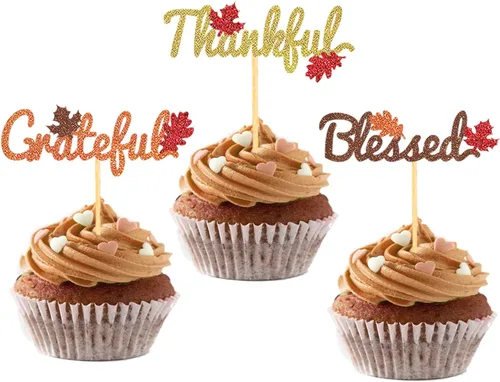 Vista 8 de 24 adornos de otoño para cupcakes para decoración del día de Acción de Gracias, lazo con purpurina para pasteles Thankful Blessed Grateful para Bow-a