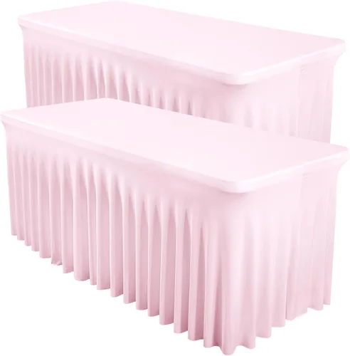 Vista 45 de Paquete de 2 manteles color azul bebé para mesa rectangular de 4 pies, manteles de elastano elásticos de 4 pies, falda blanca rectangular para baby