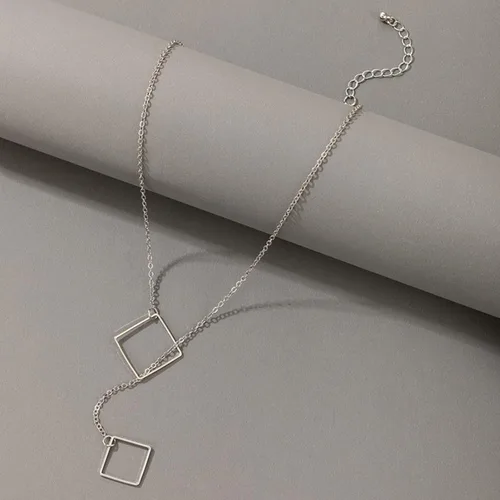 Vista 4 de YienDoo Collar cuadrado bohemio en Y con cadena de gargantilla cuadrada de plata, collar de lariat minimalista hueco cuadrado con dije de collar