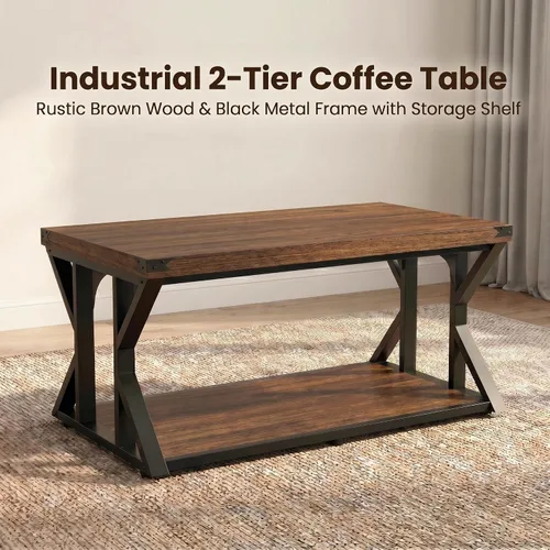Vista 6 de Mesa auxiliar industrial de 43 pulgadas, mesa central rectangular de 2 niveles con estante de almacenamiento, mesa de cóctel de madera y metal