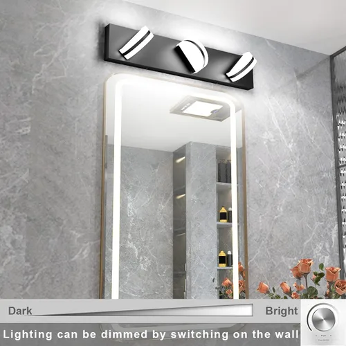 Vista 2 de Aipsun Lámpara de tocador negra moderna regulable, luz LED acrílica, 3 luces de pared de baño (luz blanca, 6000 K)