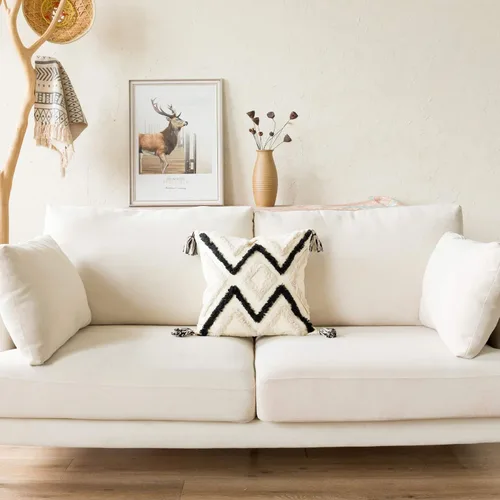 Vista 6 de Funda de almohada tejida estilo bohemio, moderna, decorativa, geométrica, a rayas, cheurón, con borlas, fundas de almohada tribales de granja