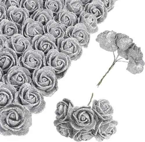 Vista 14 de Ramo de rosas negras con purpurina, 72 piezas de rosas artificiales de espuma con tallos para bricolaje, boda, hogar, fiesta, Navidad, Halloween 72