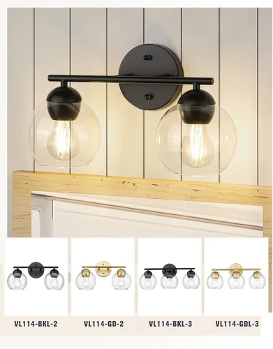 Vista 5 de Emak Lámpara de baño negra de 2 luces sobre el espejo, luces de tocador de baño con pantalla de vidrio transparente, VL114-BKL-2