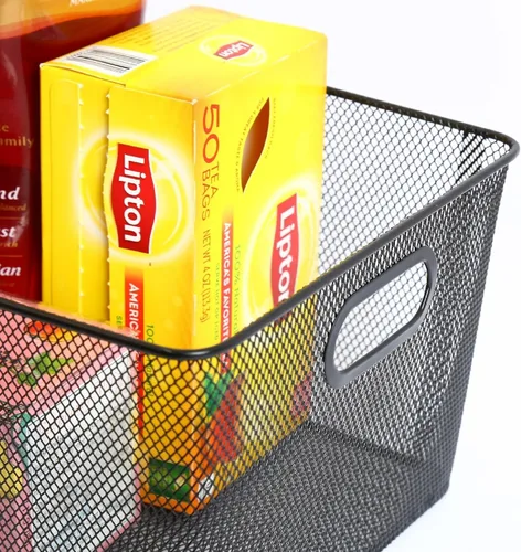 Vista 5 de Organizador con malla plateada, abierto, para frutas, vegetales, elementos de cocina, juguetes