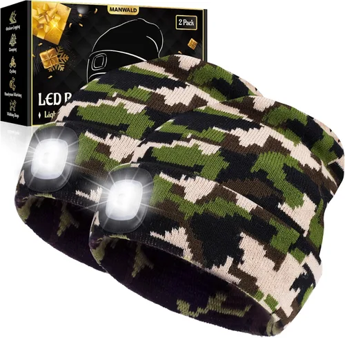 Vista 12 de MANWALD Gorro de LED con luz, gorro con linterna recargable por USB, regalos para Navidad, calcetines de navidad para hombres, Negro, Talla única