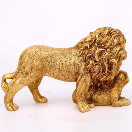 Vista 3 de Estatua decorativa de resina feng Shui León para madre e hijo de león, escultura de elefante, regalos para mujeres, dorado